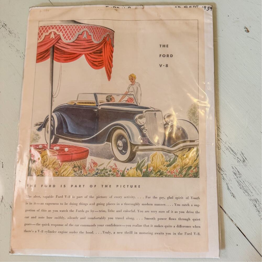 Vtg 1934 Ford V-8 Print Ad Original Art Deco Classic Car Convertible Wall Decor
